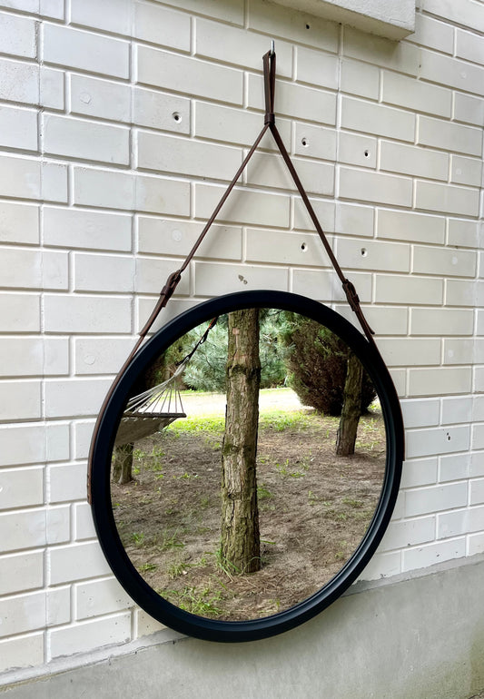 Black frame leather mirror for beauty salon, Black round mirror wall decor Bathroom leather strap wood mirror, Wood framed large wall mirror