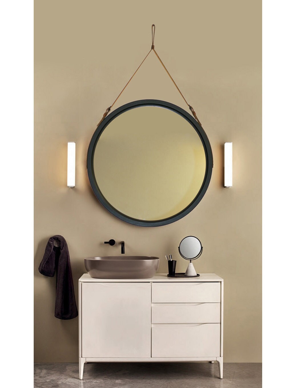 Black frame leather mirror for beauty salon, Black round mirror wall decor Bathroom leather strap wood mirror, Wood framed large wall mirror