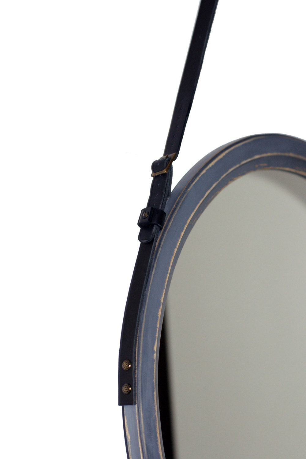 Round Mirror for bathroom, Wood large mirror, Decorative mirror for wall,  Modern mirror for living room, Leather strap hanging mirror "Rio"