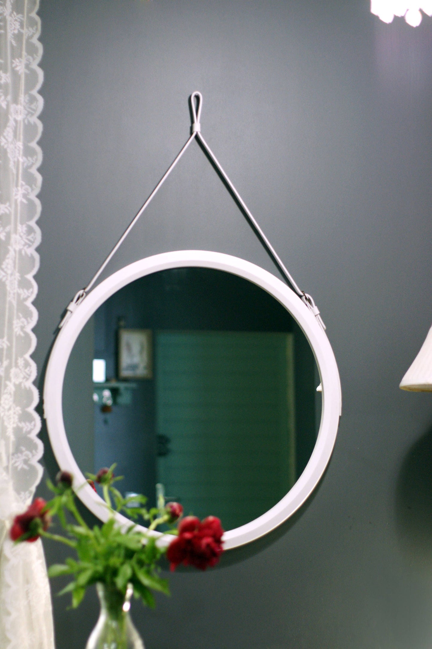 White round mirror on leather strap for living room Modern mirror for bathroom, Wooden frame mirror for wall White Leather mirror for Vanity