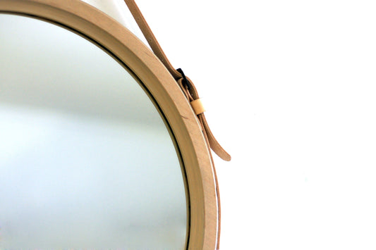 Кругло дзеркало / Шкіряне кругле дзеркало / Дзеркало в скандинавському стилі / Мінімалістичний модерн / Настінне дзеркало на ремінці / Дзеркало в стилі лофт "Осло"