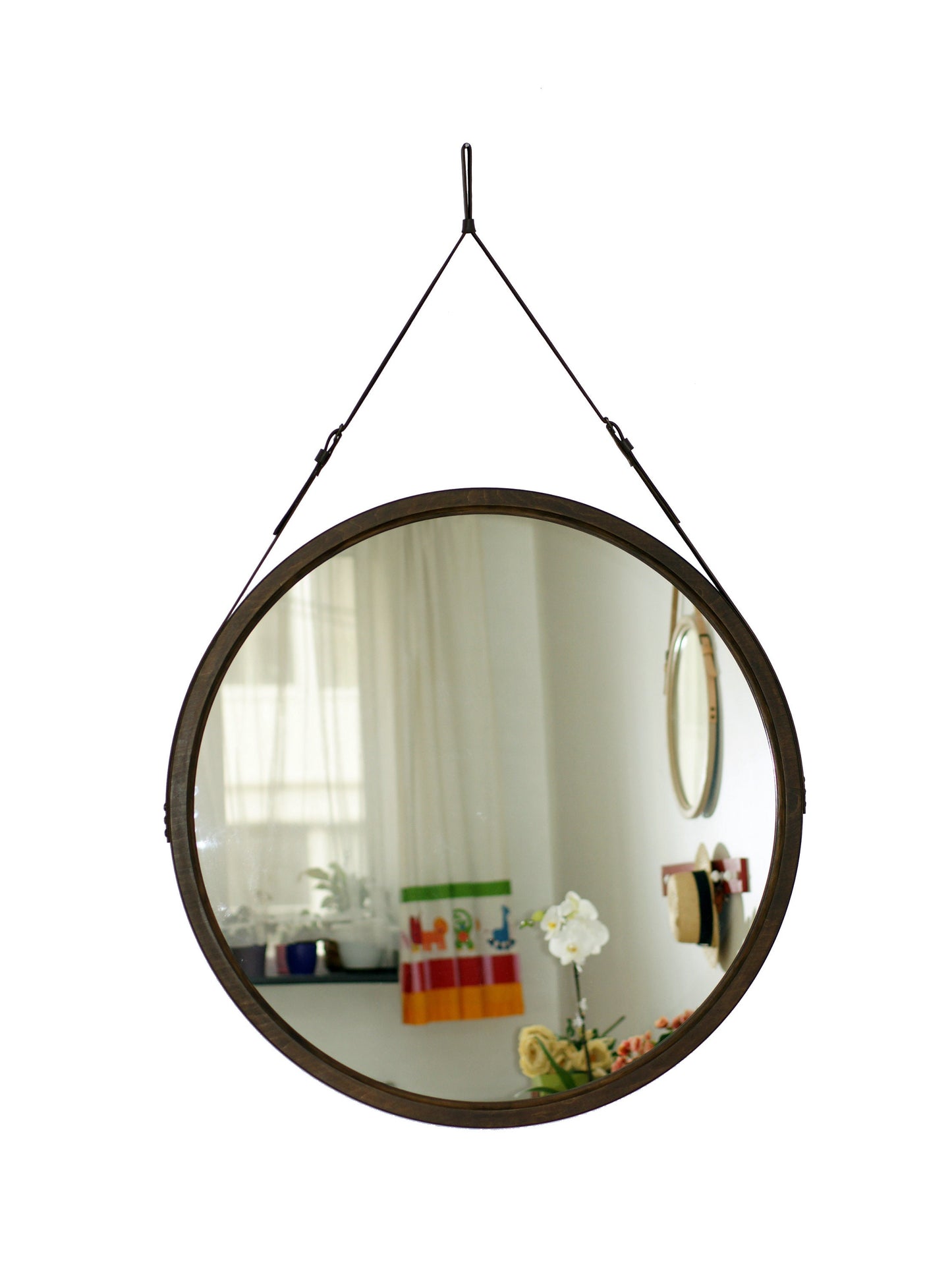 Wood bathroom mirror for wall decor, Farmhouse mirror from wood, Leather mirror, Decorative mirror, Large wall hanging mirror, Modern mirror