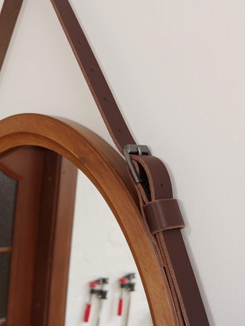 Round mirror wooden frame for bathroom Modern wall mirror Farmhouse large mirror Leather strap mirror for living room Brown round mirror
