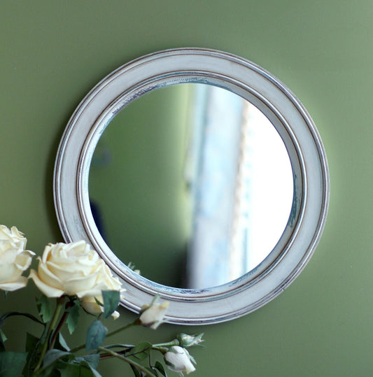 Біле кругле дзеркало Вінтажне дзеркало Косметичне дзеркало, потерте дзеркало Кругло дзеркало Дерев'яне дзеркало Рустикальне дзеркало Декоративне дзеркало "Стара Венеція"