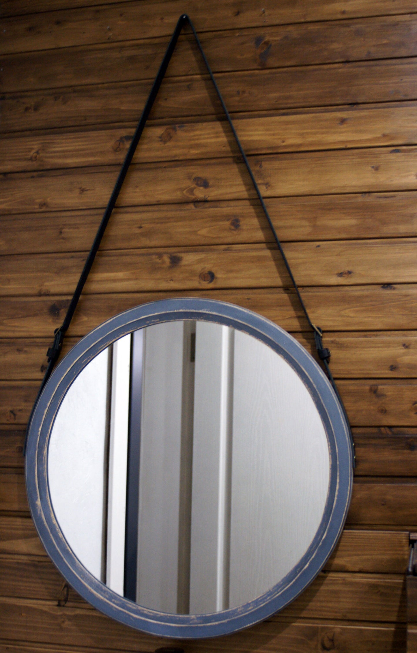 Large round mirror with leather strap, Wood distress frame leather mirror, Decorative wood framed mirror for vanity, Wood modern wall mirror