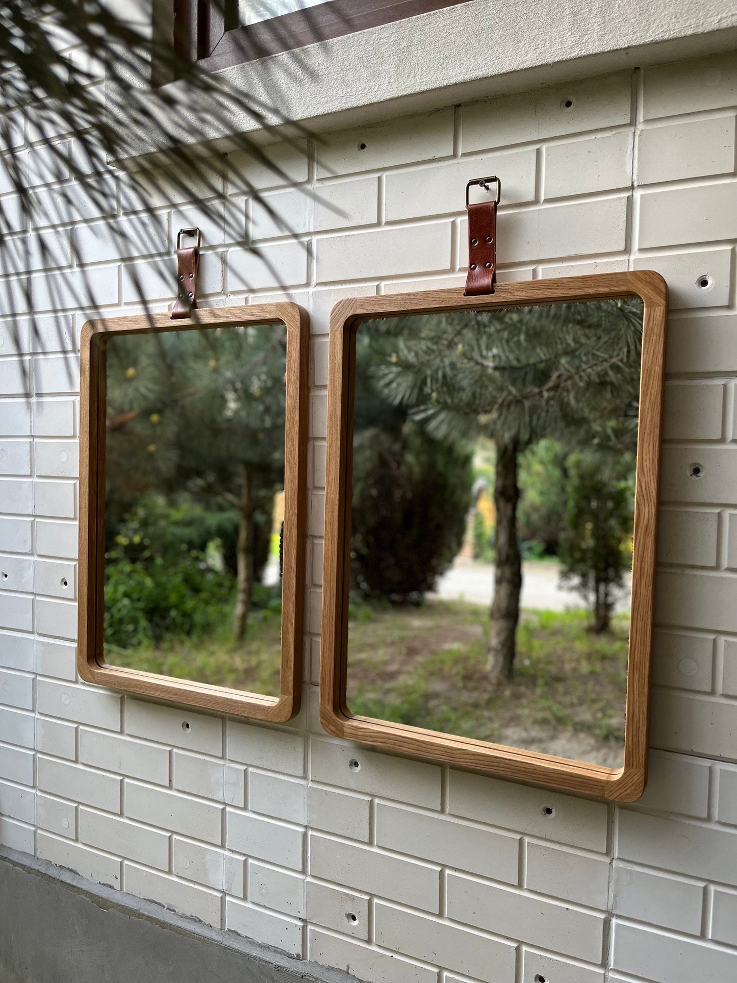 Solid wood modern mirror, Scandinavian wall mirror vintage style, Large wood mirror with leather strap, Modern entryway rectangular mirror