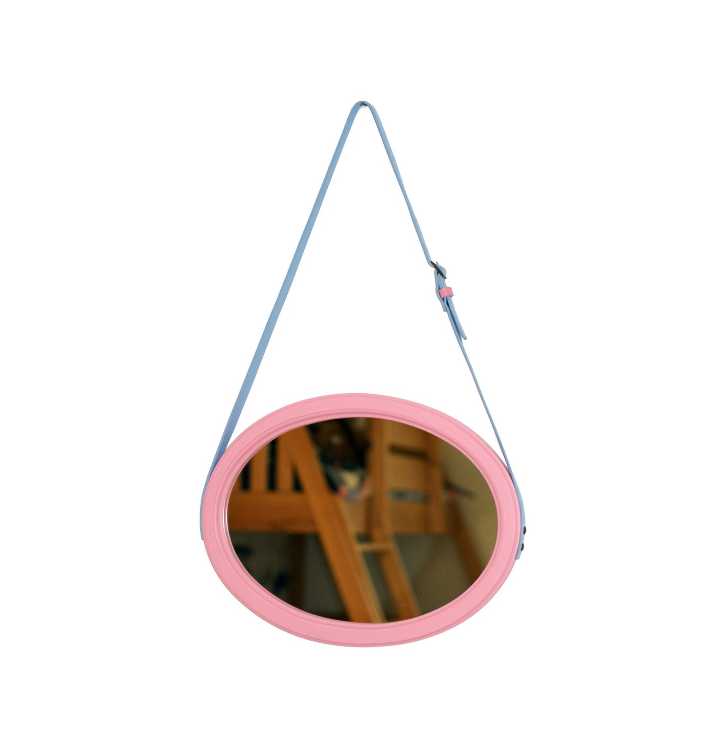 Oval mirror for kids room, Pink frame wall mirror, Girls room hanging mirror with leather strap, Mirror for girls, Pink princess mirror