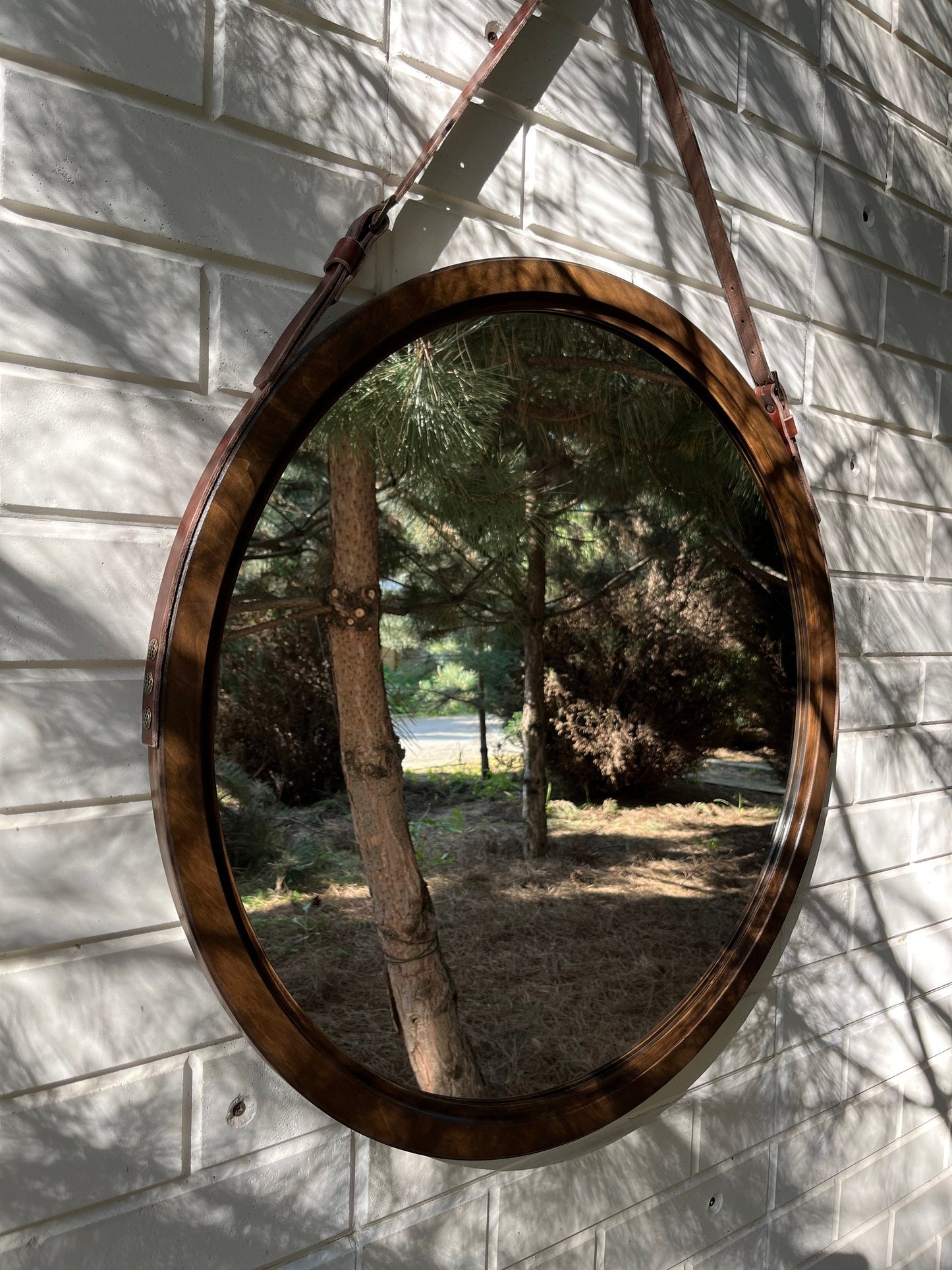 Круглий дзеркальний шкіряний ремінь з дерева, Сучасне настінне дзеркало для ванної кімнати, Велике дзеркало для вітальні, Декоративне дерев'яне дзеркало для стіни