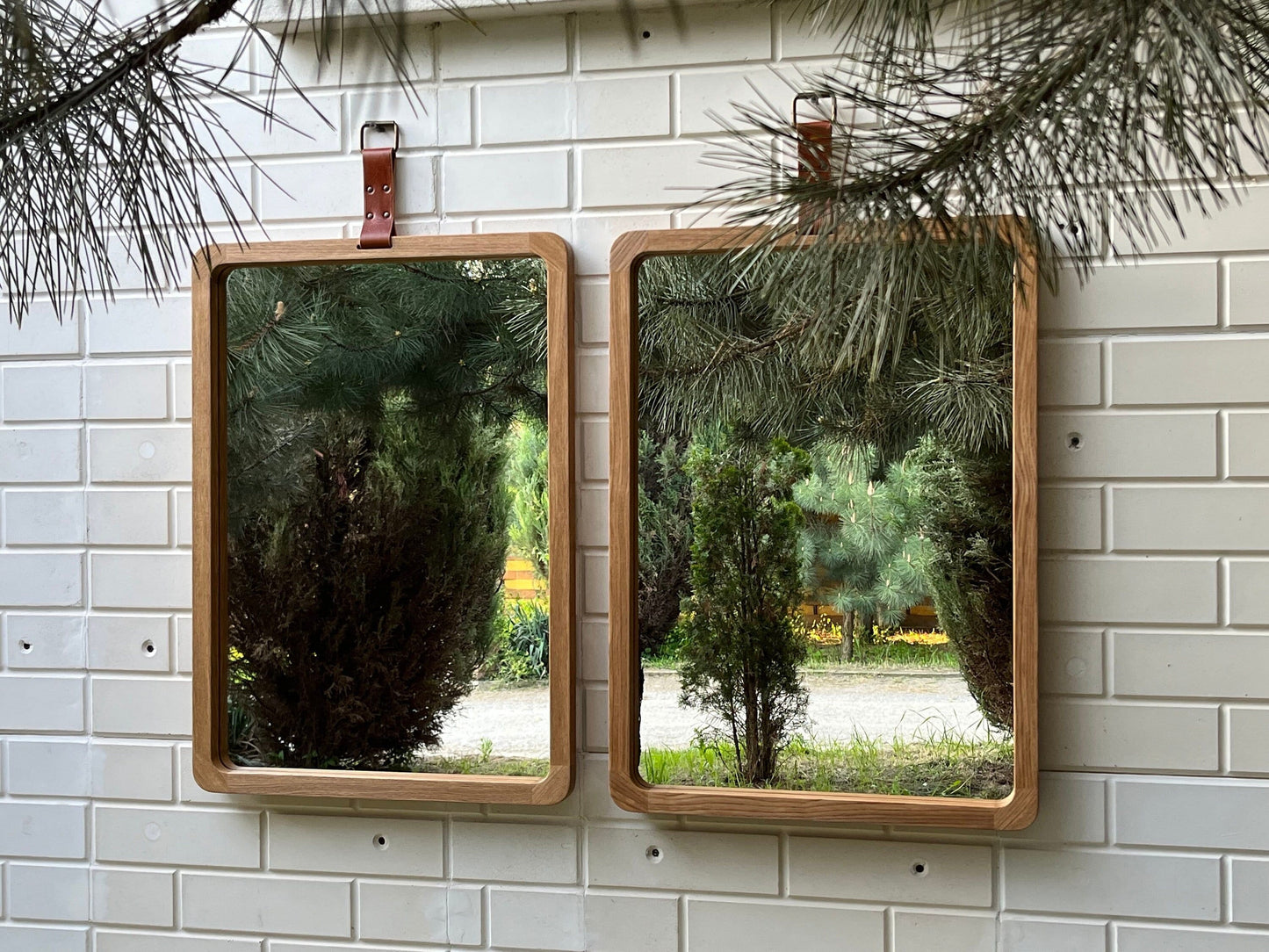 Scandinavian wall mirror from wood on leather strap, Rectangular wood mirror for Entry, Large walnut wood mirror, Modern Hallway Oak mirror