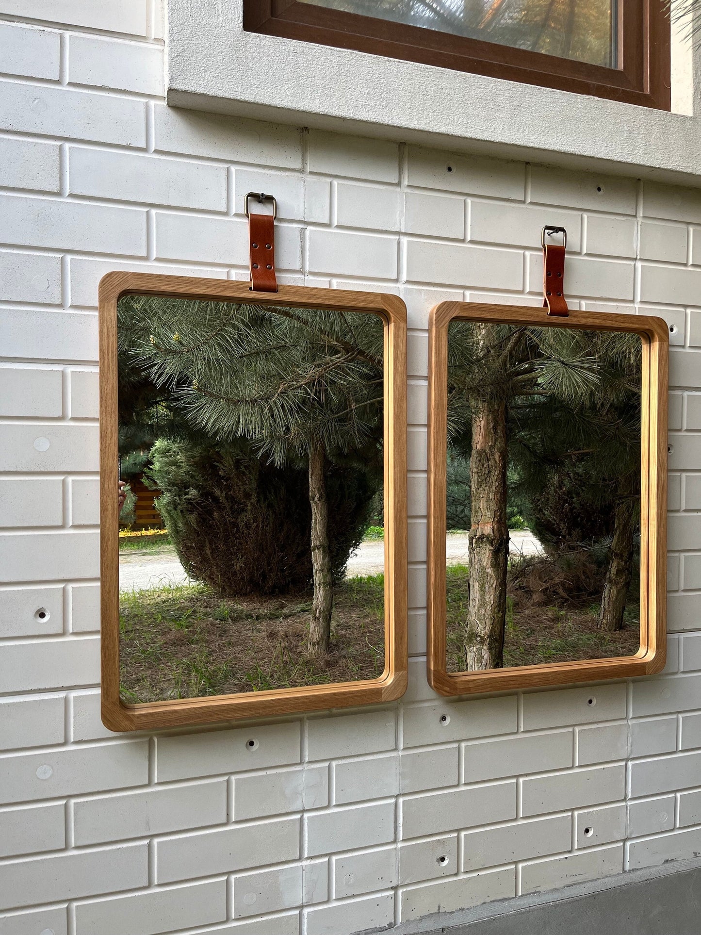Сучасне дзеркало з масиву дерева, скандинавське настінне дзеркало у вінтажному стилі, велике дерев’яне дзеркало зі шкіряним ремінцем, сучасне прямокутне дзеркало в передпокої