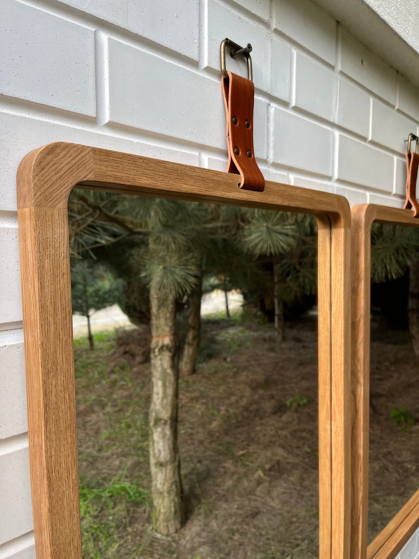 Scandinavian wall mirror from wood on leather strap, Rectangular wood mirror for Entry, Large walnut wood mirror, Modern Hallway Oak mirror