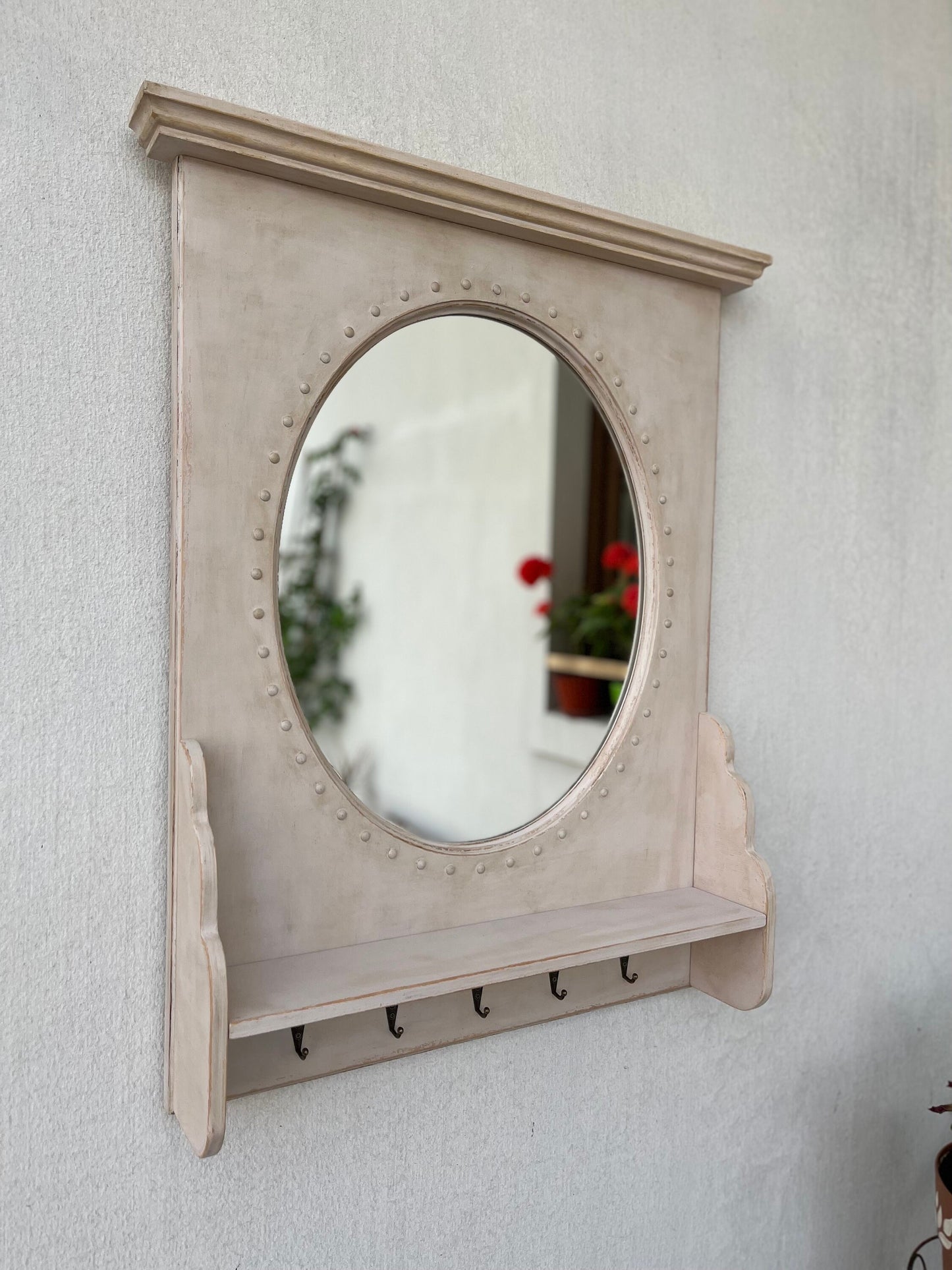 Handcrafted french wooden mirror with shelf, Vintage style wooden mirror, Large oval mirror with shelf, Rustic wood mirror with hooks