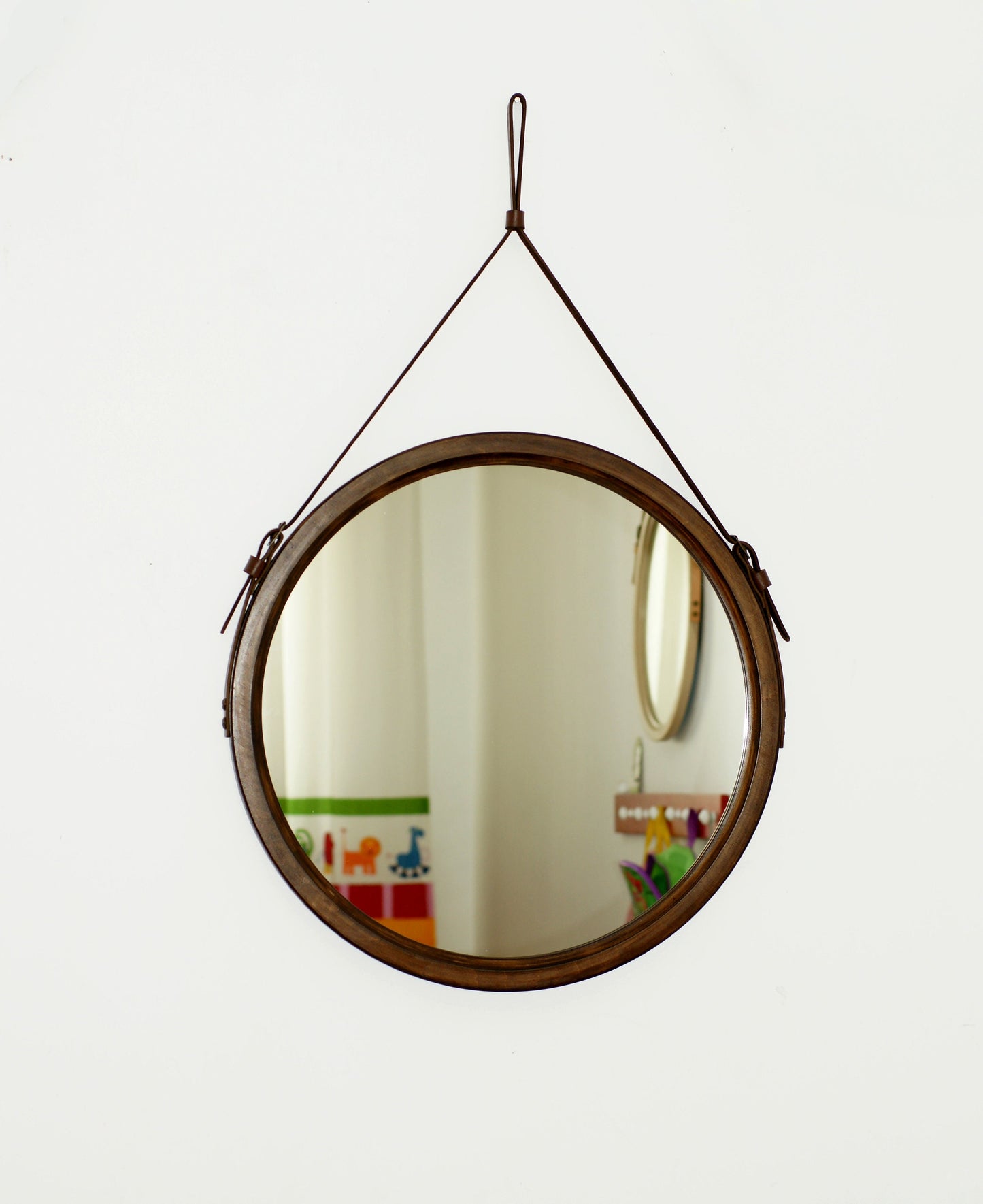 Modern wall mirror for bathroom, Brown wood framed mirror, Round mirror wall decor, Decorative mirror for wall, Wooden living room mirror