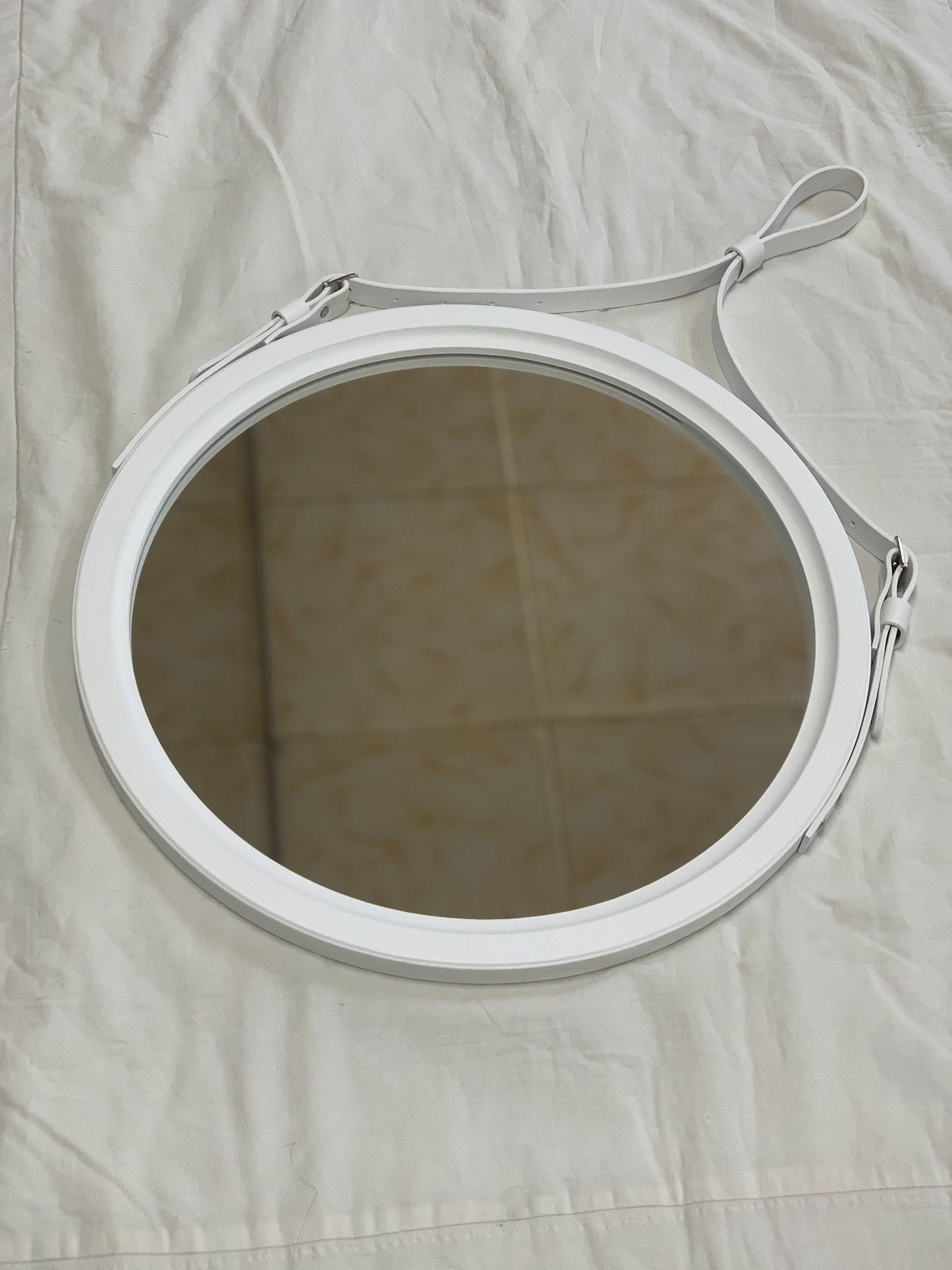 White round mirror on leather strap for living room Modern mirror for bathroom, Wooden frame mirror for wall White Leather mirror for Vanity
