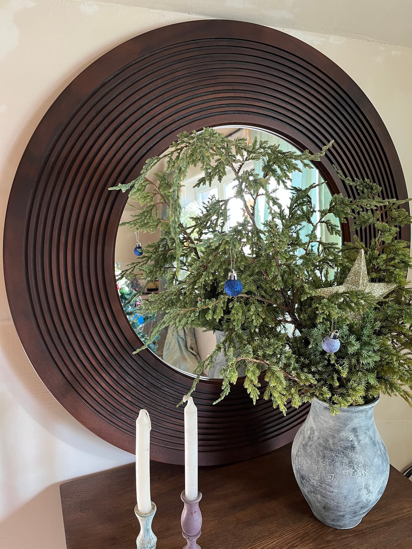 Vintage style round wall mirror, Wood framed living room mirror, Wall hanging scandinavian mirror, Large round circle mirror made from wood