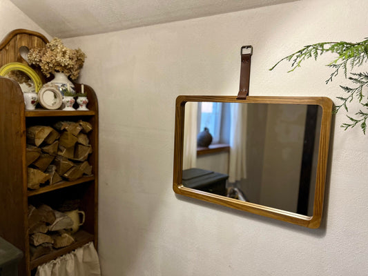 Дзеркало з масиву дерева ручної роботи на шкіряному ремінці, Сучасне дзеркало для вітальні, Велике дерев'яне дзеркало для стіни, Прямокутне дзеркало для передпокою