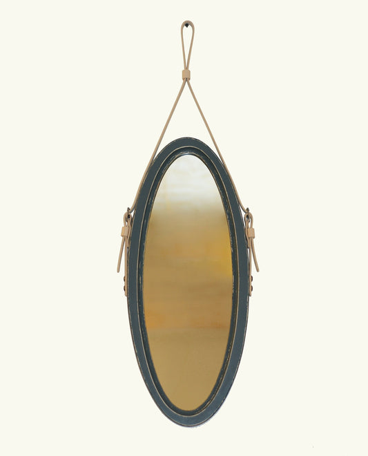 Oval bathroom mirror from wood, Rustic modern bathroom mirror, Wooden frame mirror for wall decor, Vintage leather mirror for living room