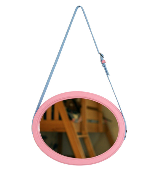 Oval mirror for kids room, Pink frame wall mirror, Girls room hanging mirror with leather strap, Mirror for girls, Pink princess mirror
