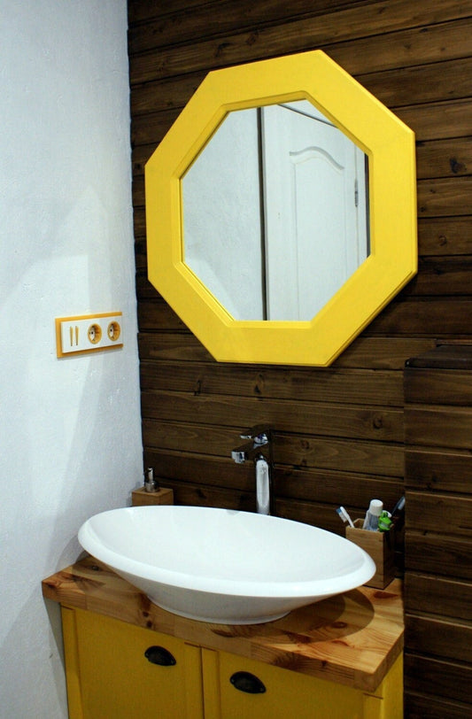Дзеркало у ванній кімнаті в дерев'яній рамі, Велике сучасне дзеркало для входу, Косметичне дзеркало для передпокою, Дзеркало для вітальні, Декоративне дерев'яне дзеркало
