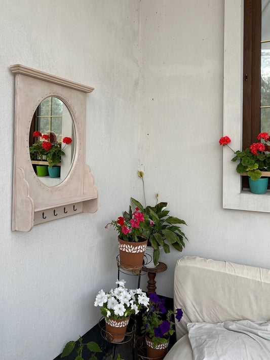 Handcrafted french wooden mirror with shelf, Vintage style wooden mirror, Large oval mirror with shelf, Rustic wood mirror with hooks